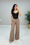 Conjunto Bustier Negro con Brillos y Pantalón Palazzo Topo cod.556