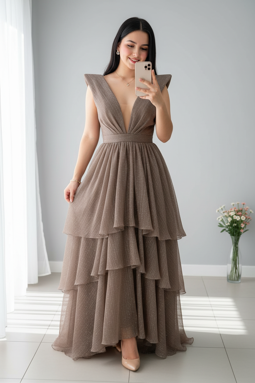 Vestido Gala Taupe Capas con Escote V y Hombros Volante cod.V0030