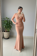Vestido Largo Rosa Palo Escote V Cruzado Manga Larga Sirena con Cola cod.473