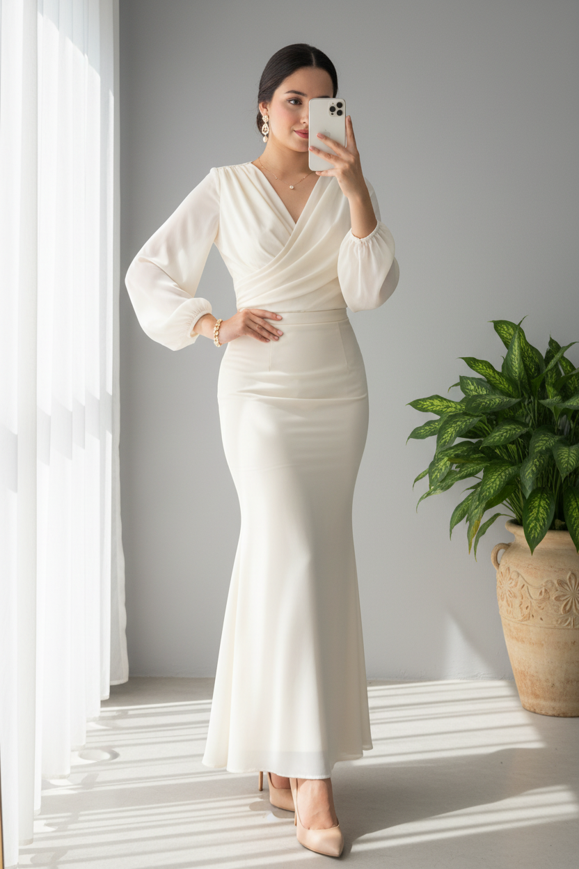 Conjunto Dos Piezas Blanco Marfil Top Wrap Escote V Manga Bishop Falda Sirena cod.841