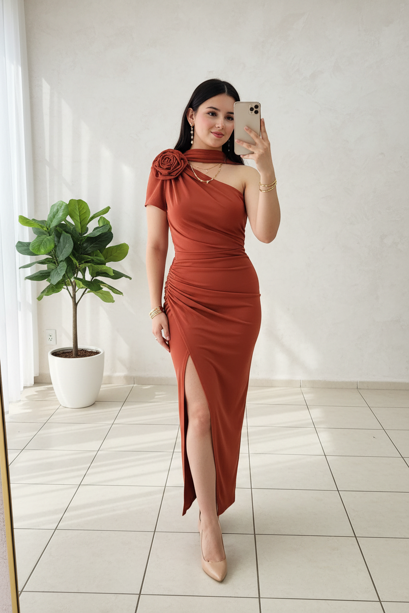 Vestido Largo Terracota Un Hombro Halter con Rosa 3D y Abertura Lateral cod.469