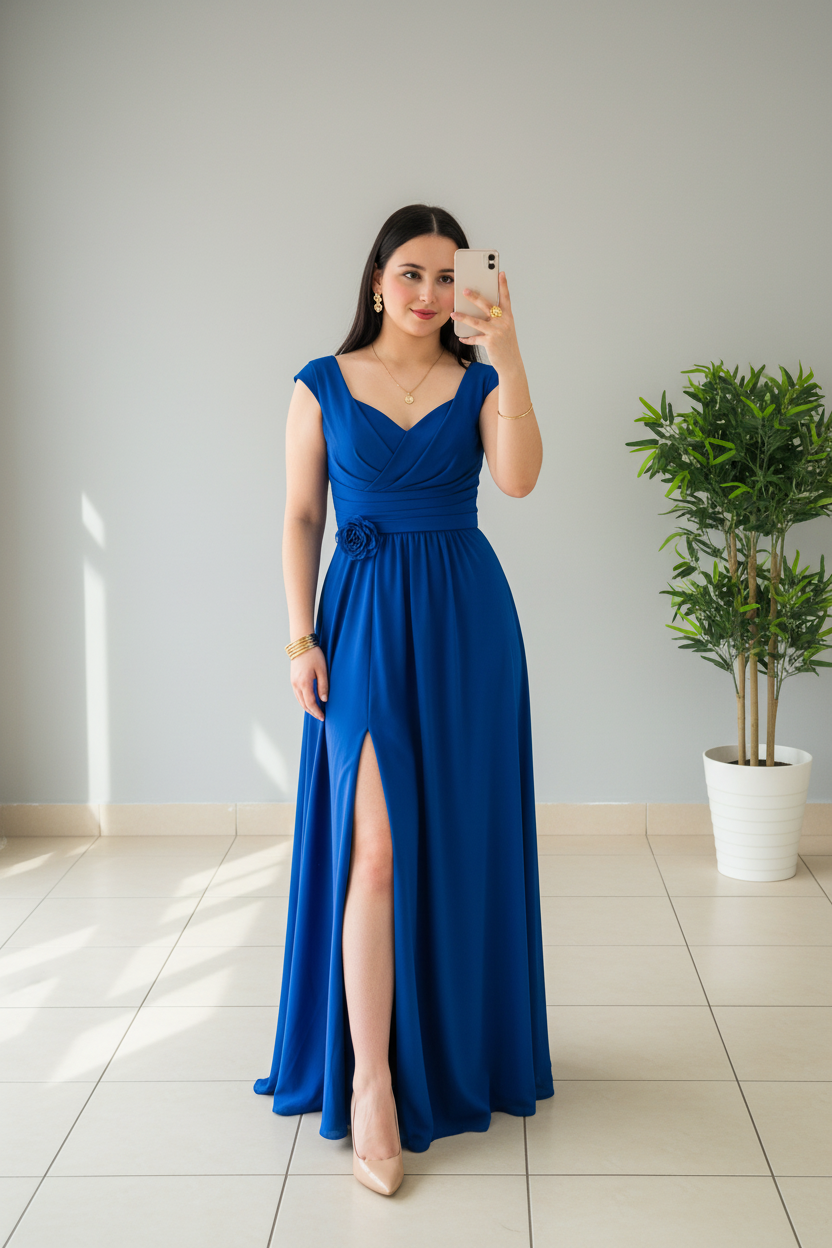 Vestido Azul Royal con Escote V Cruzado, Rosa 3D y Abertura Lateral cod.375