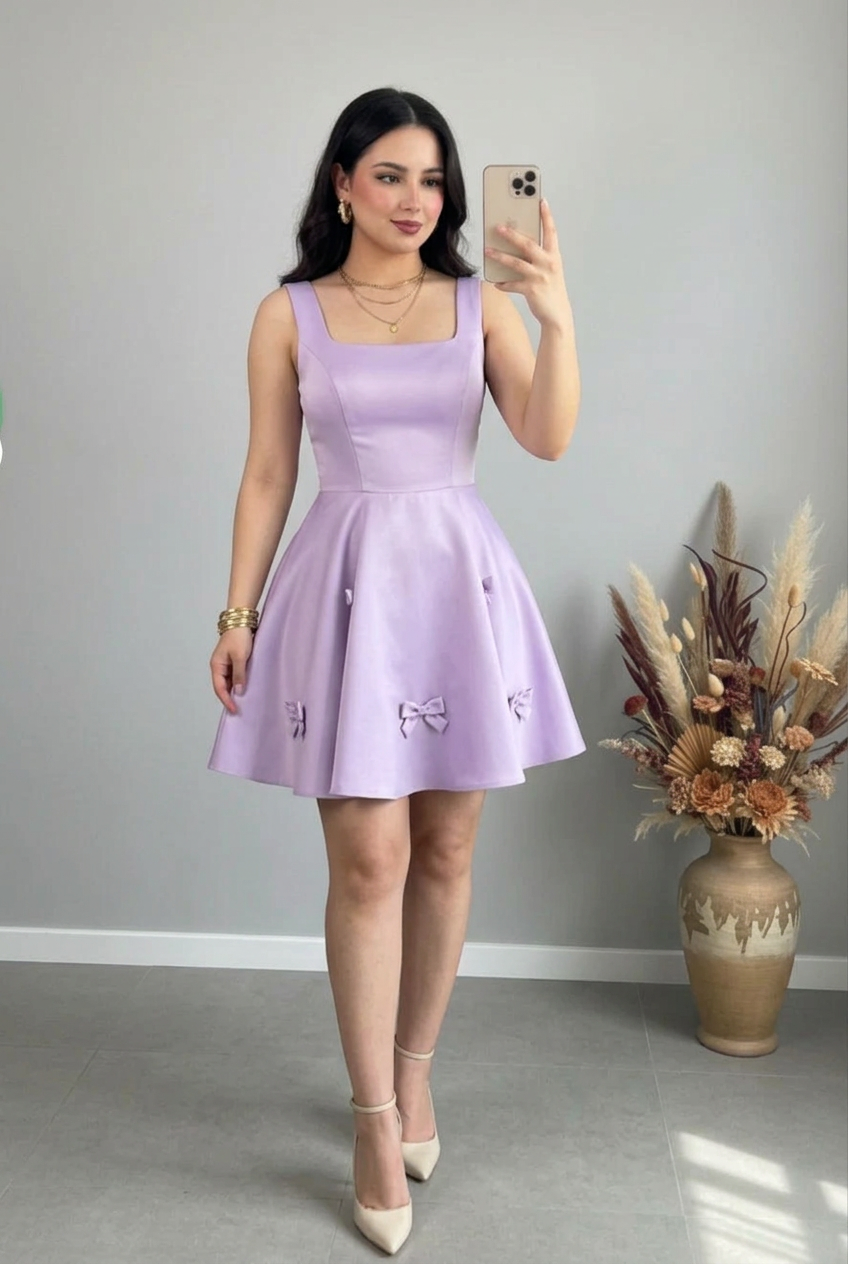 Vestido corto lila escote cuadrado con lazos cod. VC032