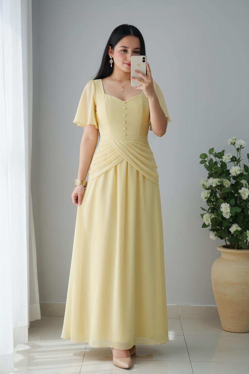 Vestido Amarillo Suave Maxi Gasa Manga Butterfly cod.958