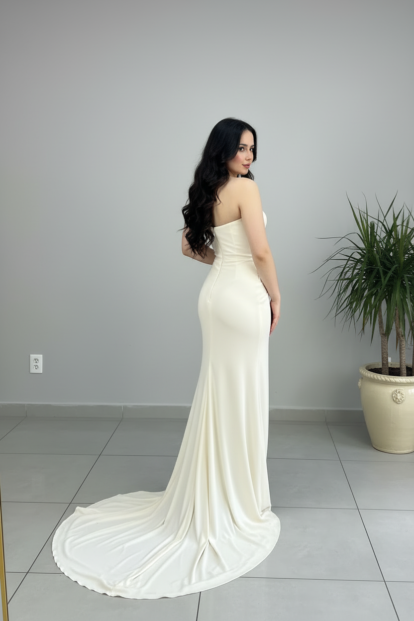 Vestido Marfil Largo Strapless con Drapeado Lateral, Abertura Frontal y Cola cod.490