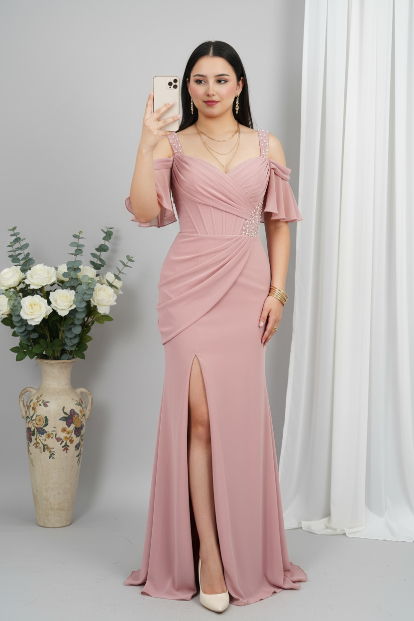 Vestido Sirena Rosa Palo | Cold-Shoulder con Volantes, Broche de Perlas y Abertura Frontal cod.V520