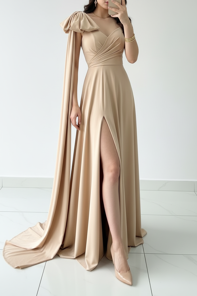 Vestido Champagne con Manga Globo y Capa Drapeada Larga cod.374