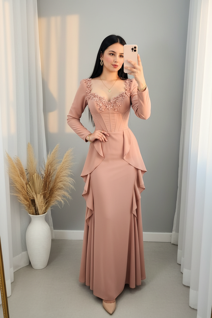 Vestido Rosa Nude Corset Flores 3D Peplum cod.00169