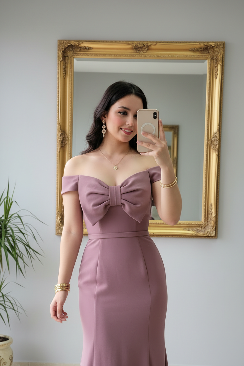 Vestido Sirena Mauve Off-Shoulder con Lazo Estructurado y Cola cod.425