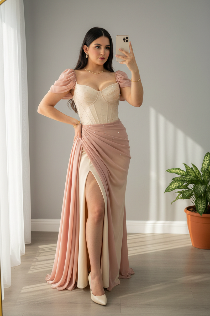 Vestido Nude Corsé con Falda Rosa Palo y Mangas Puff cod.V664