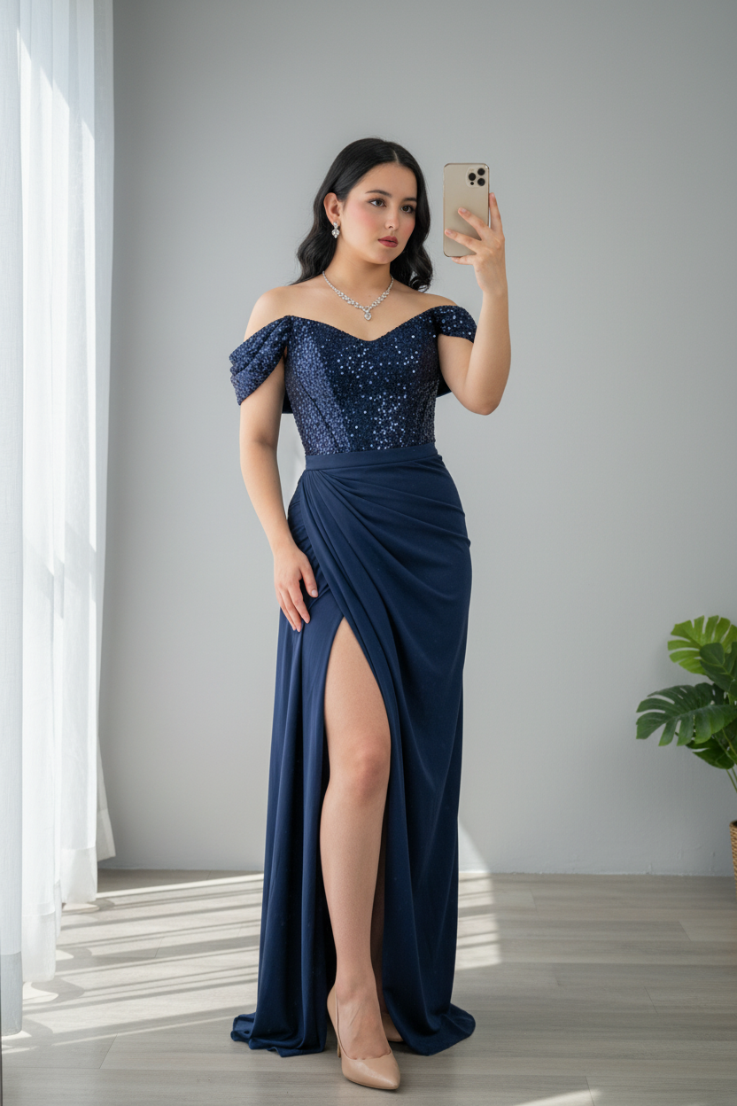 Vestido Azul Marino Off-Shoulder Lentejuelas con Falda Drapeada y Abertura cod.736