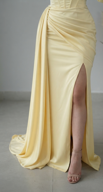 Vestido Sirena Amarillo Limón con Corset y Abertura Lateral cod.V810