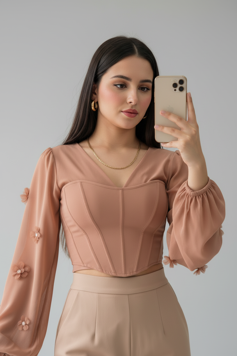 Blusa Corset Terracota con Mangas Globo en Chifón y Flores D cod.383