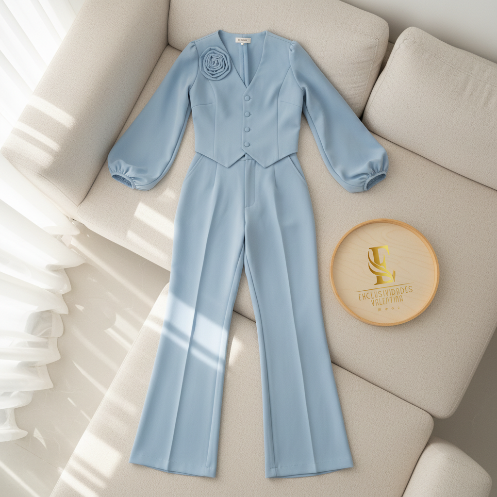 Conjunto Sastre Azul Cielo: Chaleco con Rosa 3D y Pantalón Bootcut cod.386