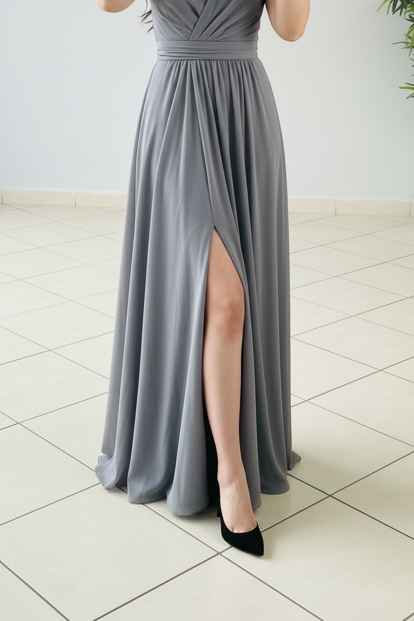 Vestido Gris Acero Un Hombro con Rosa 3D y Abertura Frontal cod.443