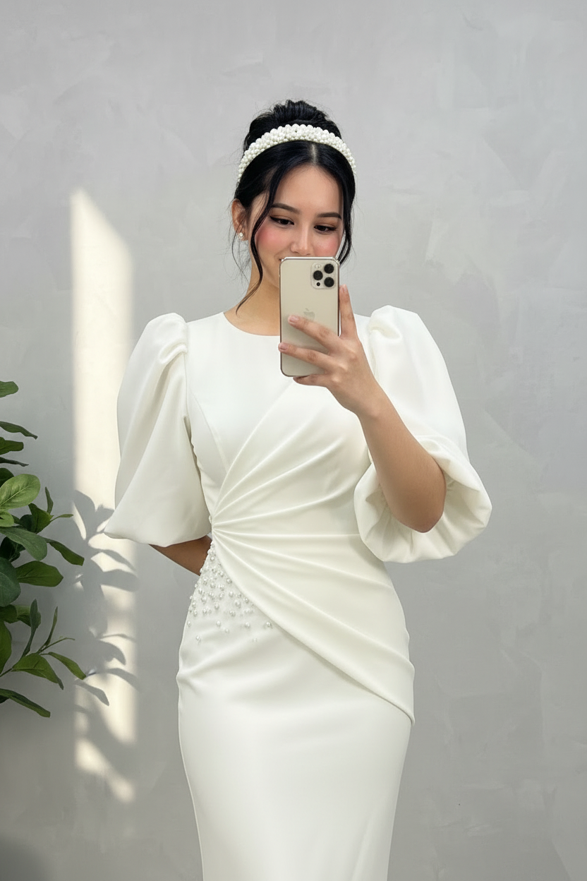 Vestido Blanco Largo Cuello Redondo Manga Puff con Perlas y Sirena cod.481
