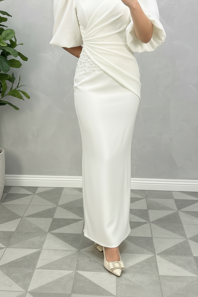 Vestido Blanco Largo Cuello Redondo Manga Puff con Perlas y Sirena cod.481