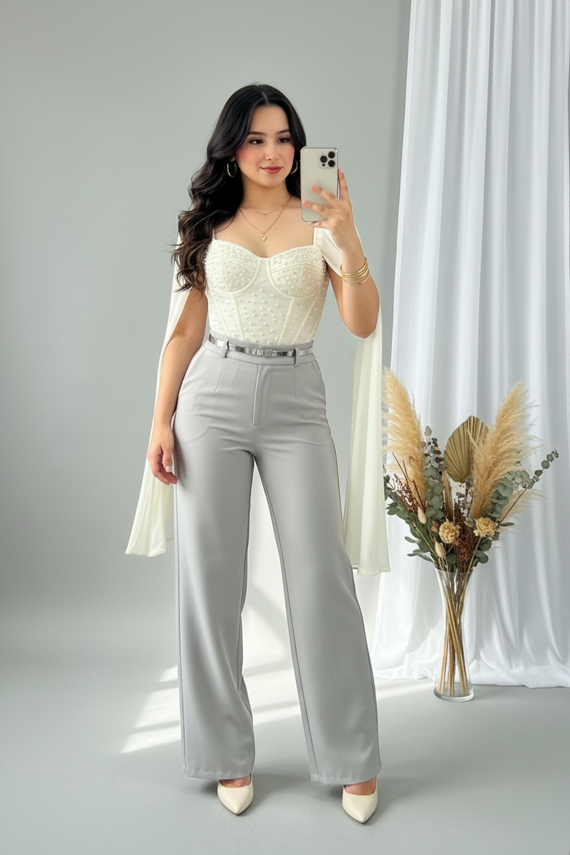 Conjunto Corset Crema con Capa & Pantalón Gris Perla cod.C793