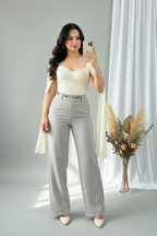 Conjunto Corset Crema con Capa & Pantalón Gris Perla cod.C793