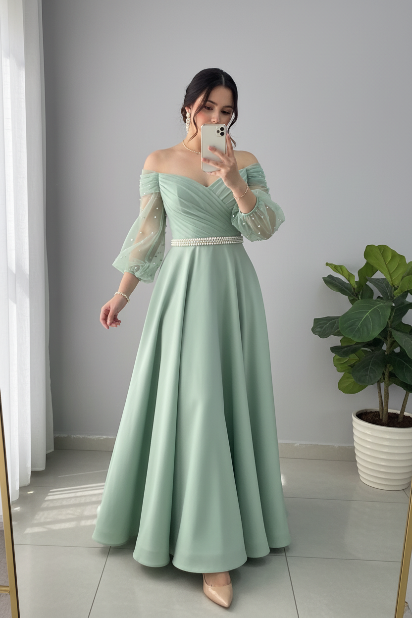 Vestido Verde Salvia Sage Off-Shoulder Manga Tul Perlas Cinturon Ancho A-Line cod.840