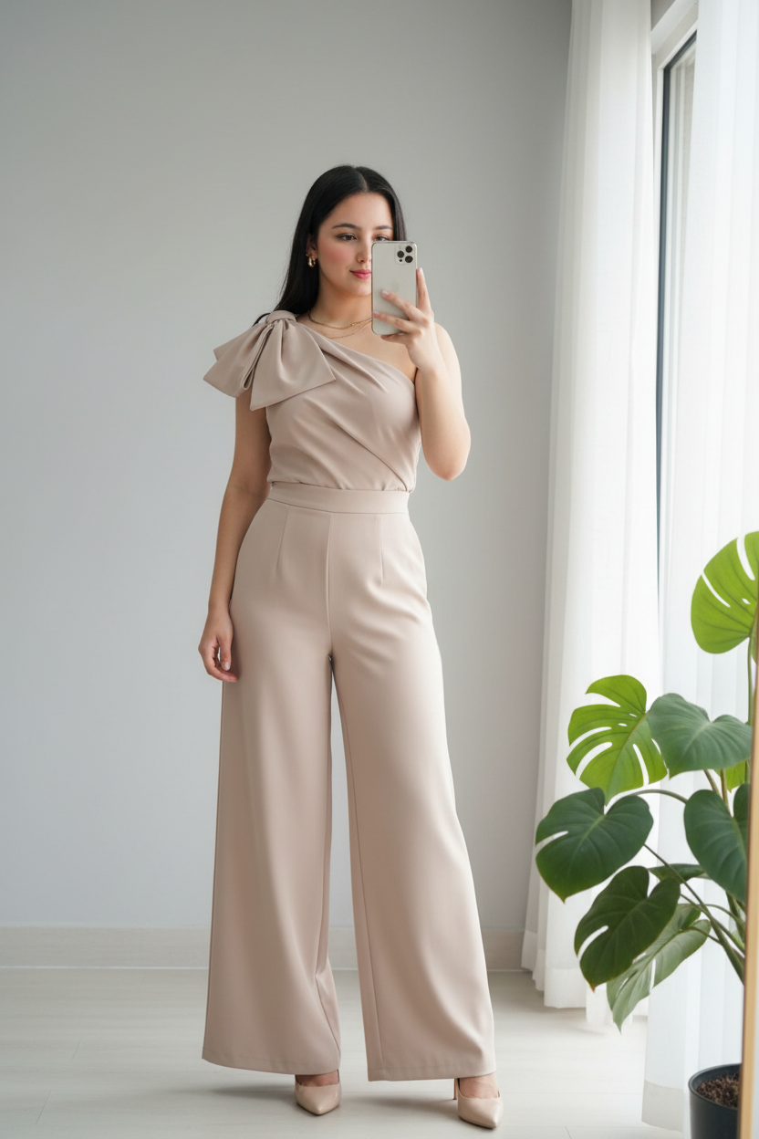 Conjunto Nude Bow – Top Un Hombro Drapeado con Lazo + Pantalón Palazzo Beige cod.699
