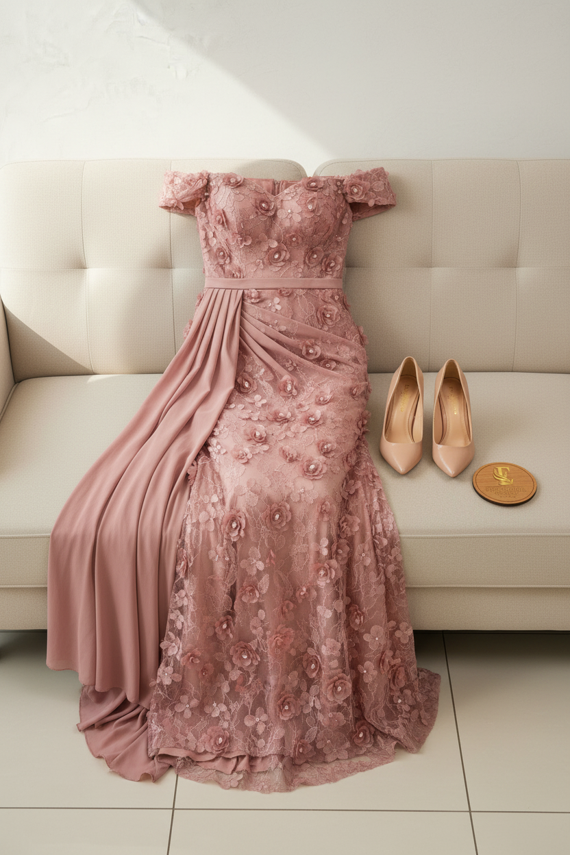 Vestido Rosa Palo Off-Shoulder con Apliques Florales 3D y Capa Drapeada cod.451