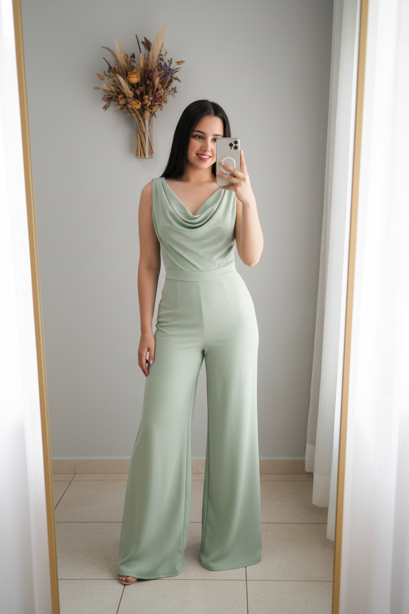 Enterizo Verde Menta | Cowl Neck Sin Mangas y Palazzo cod.E500