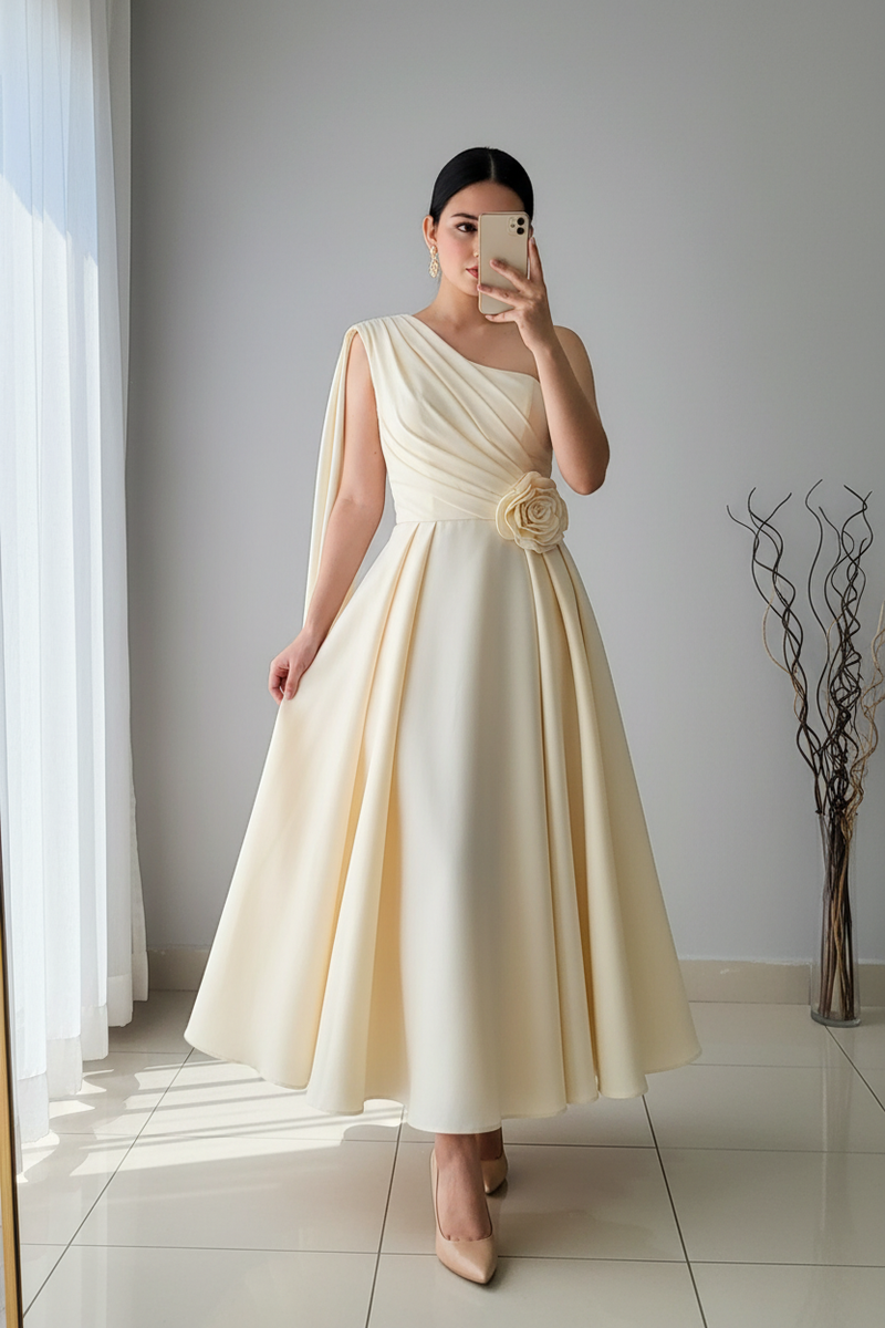Vestido Crema Un Hombro Rosa cod.V330