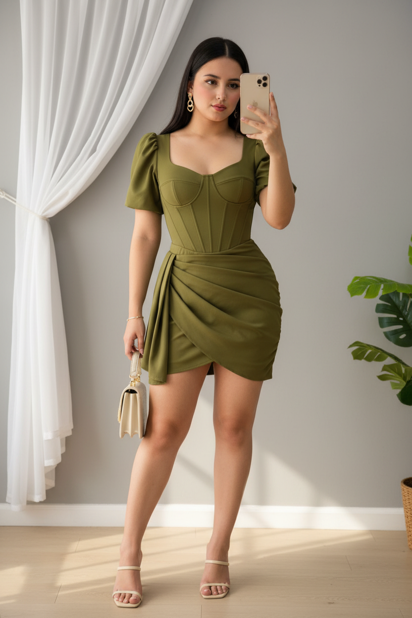 Vestido corto verde olivo con corset bustier, mangas puff cortas y falda drapeada asimétrica