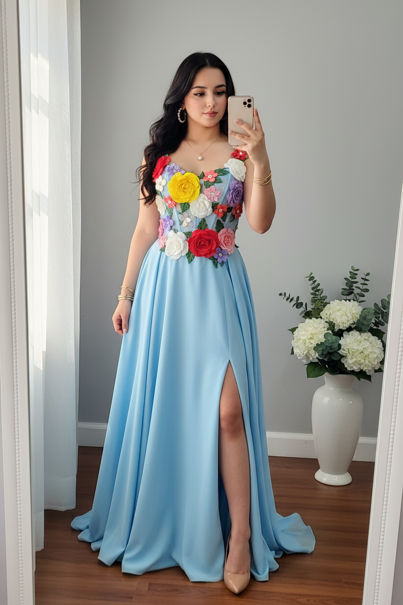 Vestido Azul Flores 3D Multicolor Largo Slit cod.V754