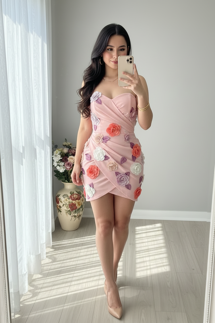 Mini Vestido Rosado Strapless con Flores 3D Multicolor cod.V776