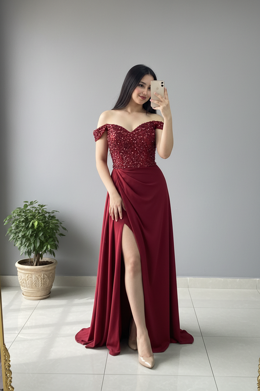Vestido Vino Off-Shoulder Bordado cod.622
