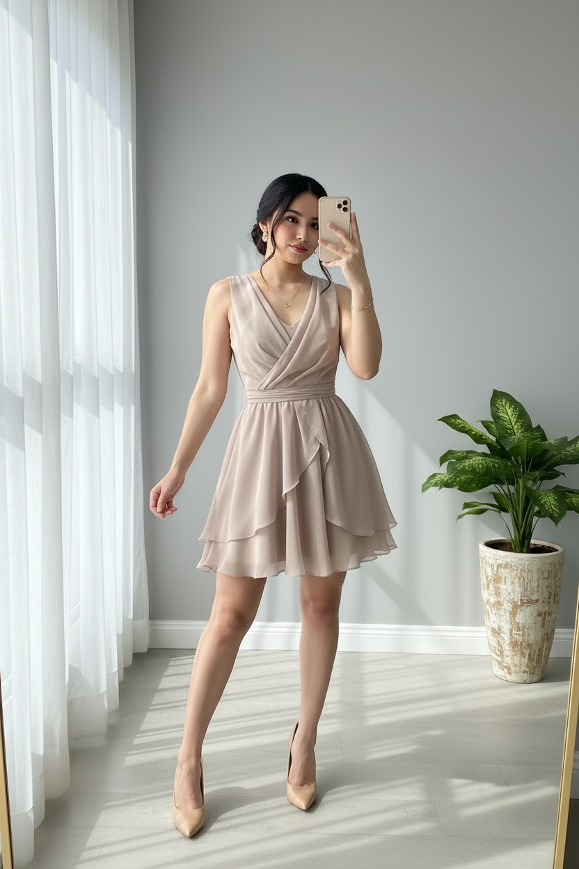 Vestido Beige Champagne Escote V Cruzado Falda Capas Chifón cod.932