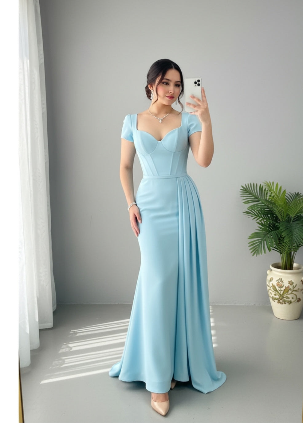 Vestido Sirena Azul Cielo — Corset Ballenas, Escote Corazón & Drapeado Frontal cod.884