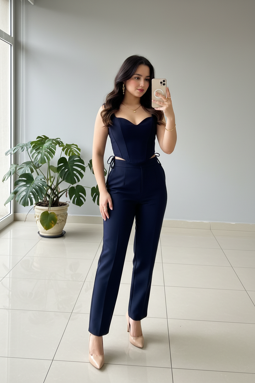 Conjunto Azul Marino: Top Corset con Cut-Outs y Pantalón Recto cod.414