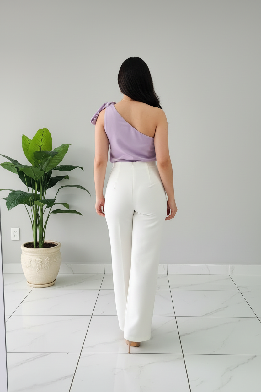Conjunto Lila: Top One-Shoulder con Lazo Mariposa y Pantalón Blanco Palazzo cod.394