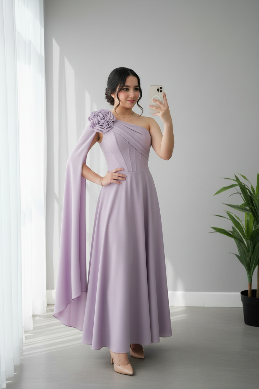 Vestido Lila Lavanda Un Hombro con Rosa 3D y Capa Fluida cod.733