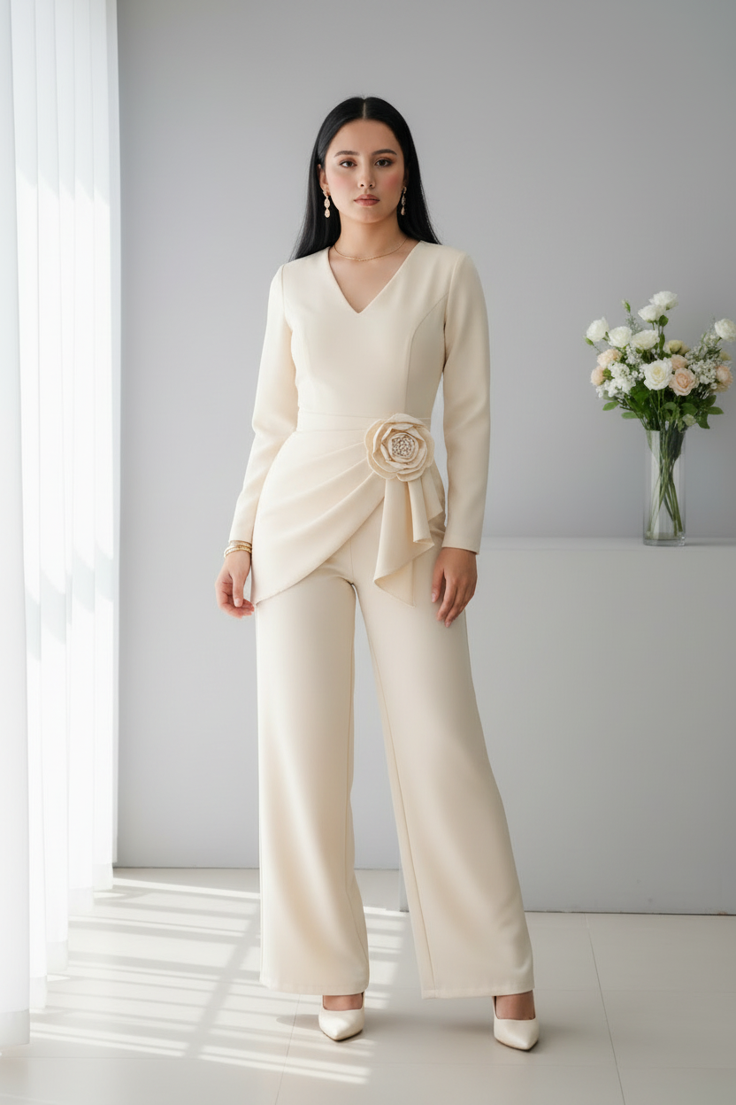 Conjunto Formal Ivory Blusa Asimétrica Rosa 3D y Palazzo cod.C0034