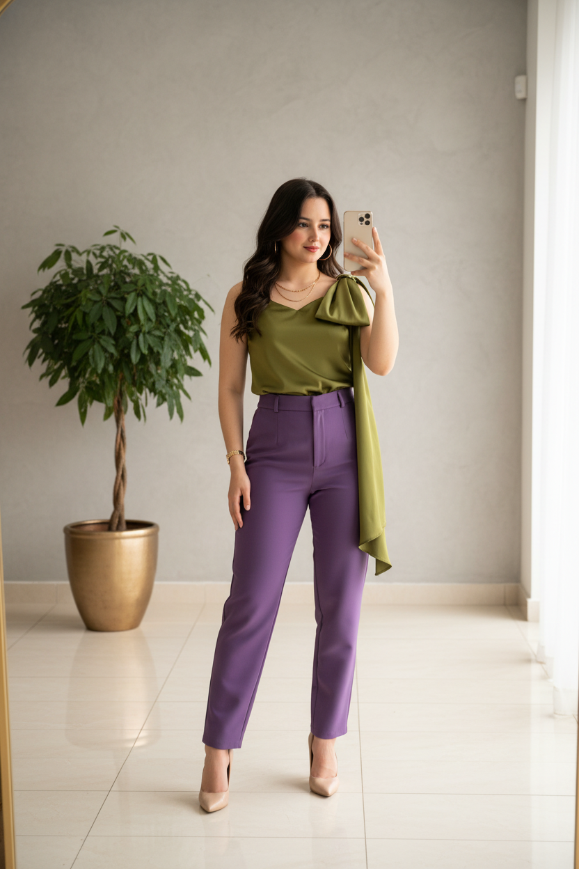 Blusa Elegante Verde Oliva con Moño en Hombro - Sofisticada y Versátil cod.330