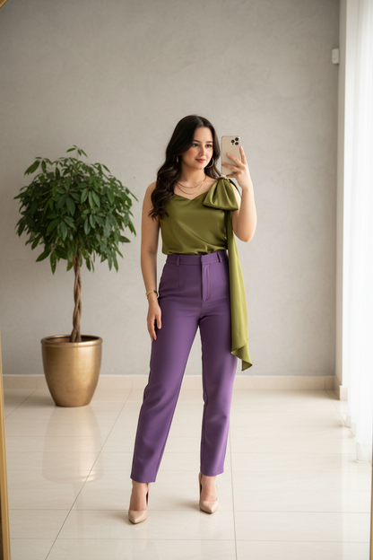 Blusa Elegante Verde Oliva con Moño en Hombro - Sofisticada y Versátil cod.330