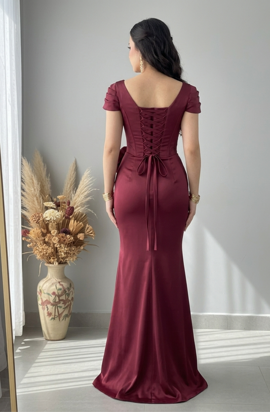 Vestido Sirena Borgoña con Rosa 3D y Corset