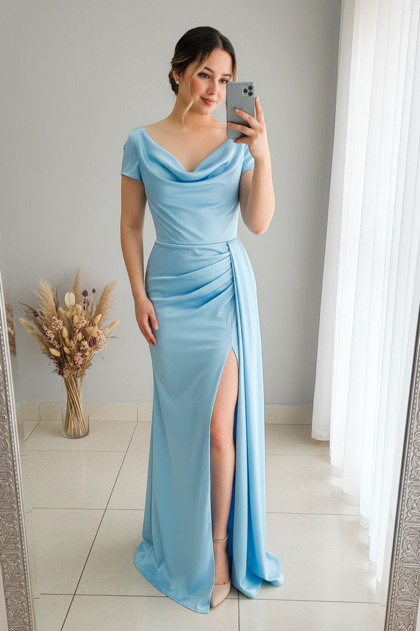 Vestido Sirena Azul Cielo | Cowl Neck y Drapeado Cruzado cod.V441
