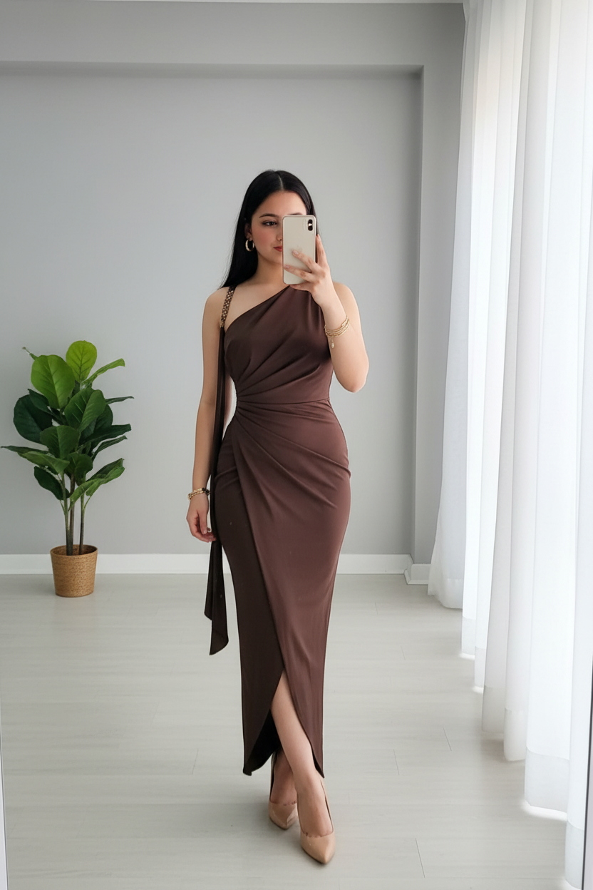Vestido Chocolate Un Hombro Cadena Dorada Drapeado Lazo y Abertura cod.762