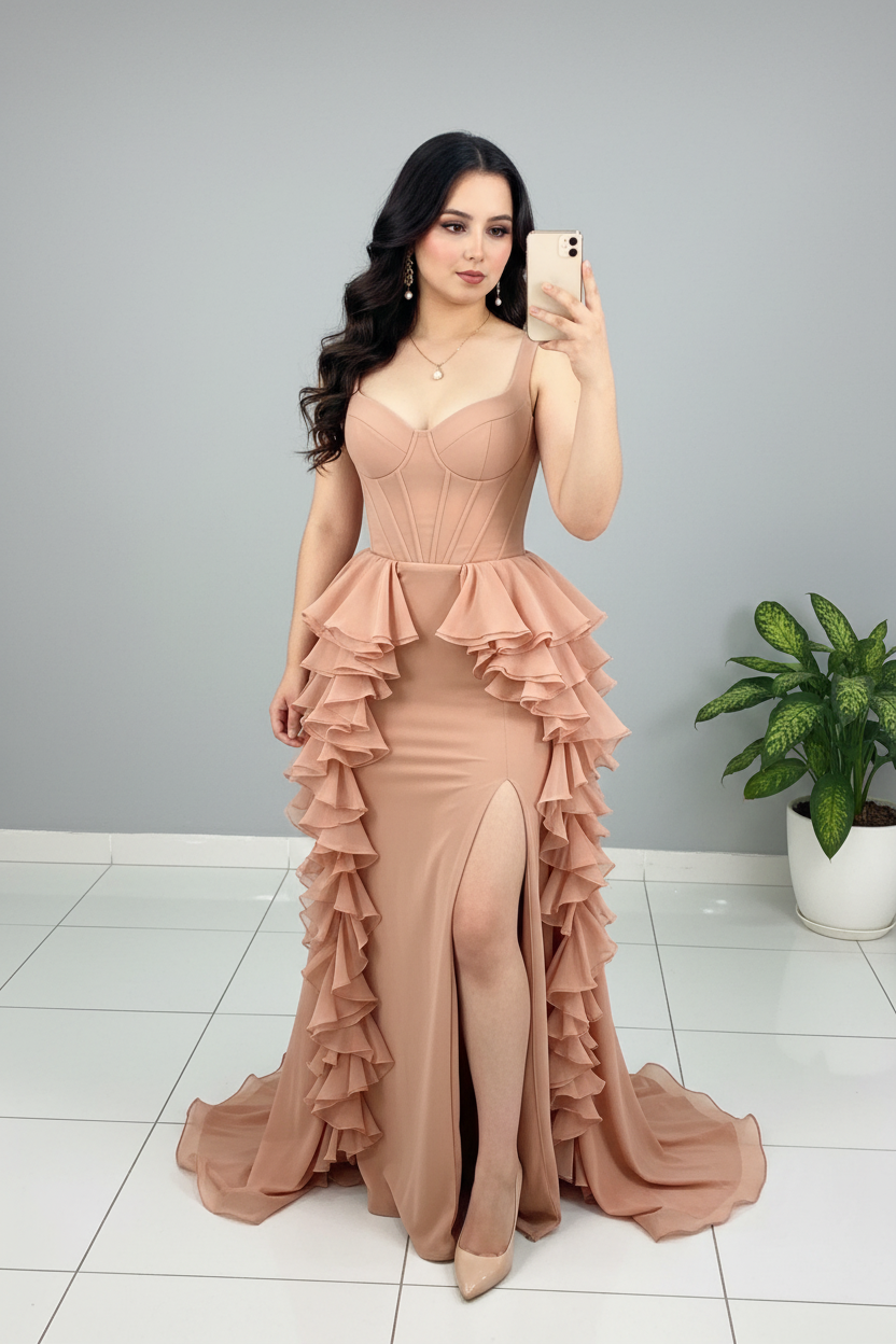 Vestido Nude Corsé Ruffle Cascade con Abertura cod.585