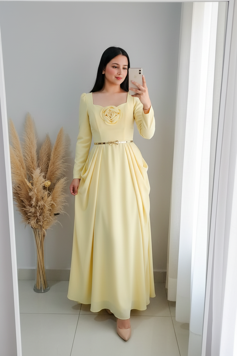 Vestido Amarillo Pastel Rosa 3D Cinturón Dorado cod.V388