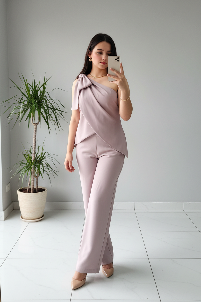 Conjunto Malva: Top Asimétrico One-Shoulder con Lazo y Pantalón Bootcut cod.391