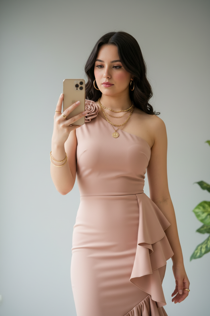 Vestido Rosa Nude Un Hombro con Rosa 3D y Volantes en Cascada Triple cod.450