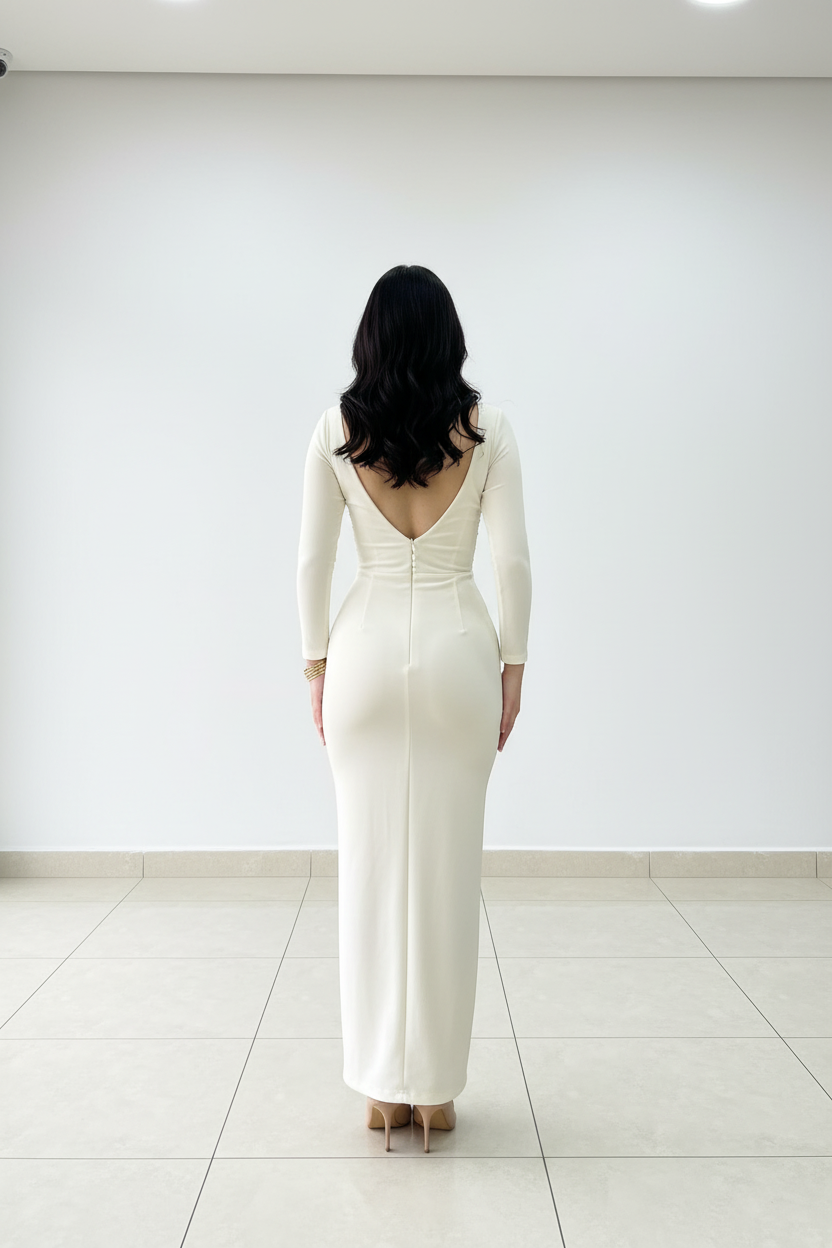 Vestido Elegante Blanco Marfil con Abertura Lateral - Mangas Largas Largo cod.352