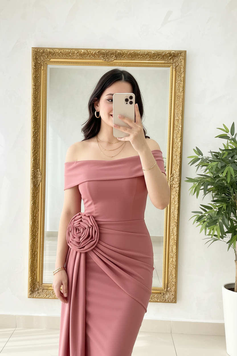 Vestido Lápiz Rosa Palo Off-Shoulder con Rosa 3D y Drapeado en Cascada cod.426
