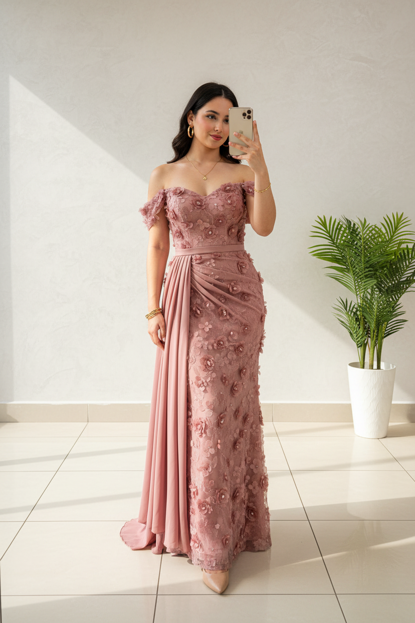 Vestido Rosa Palo Off-Shoulder con Apliques Florales 3D y Capa Drapeada cod.451